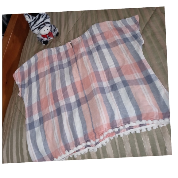 Neutral Check Print Linen Cotton Blend Gray White Peach Orange Top Size Large● - Picture 11 of 16
